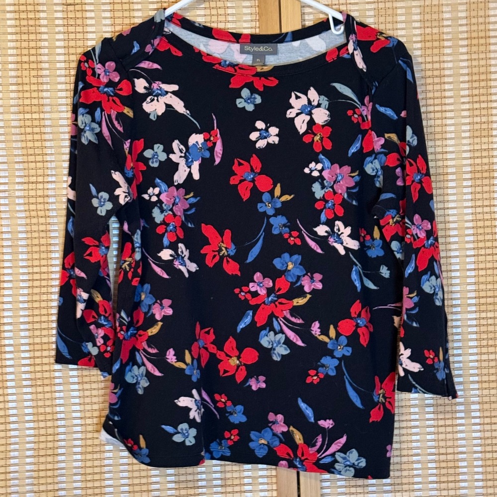 Style & Co Womens PL Black Floral 100% Pima Cotton 3/4 Sleeve Top Petite‎ Large